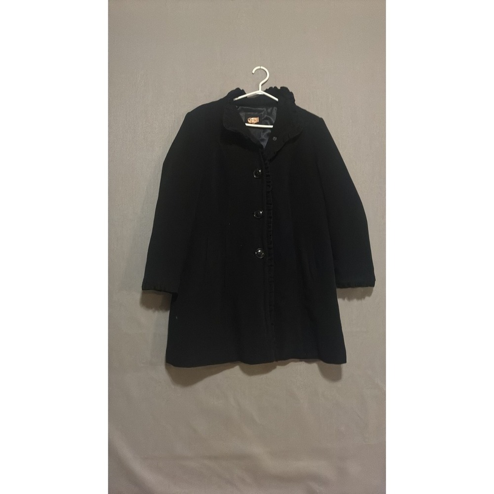 Laura Petites Vintage Black Ruffle Trim Wool Peacoat